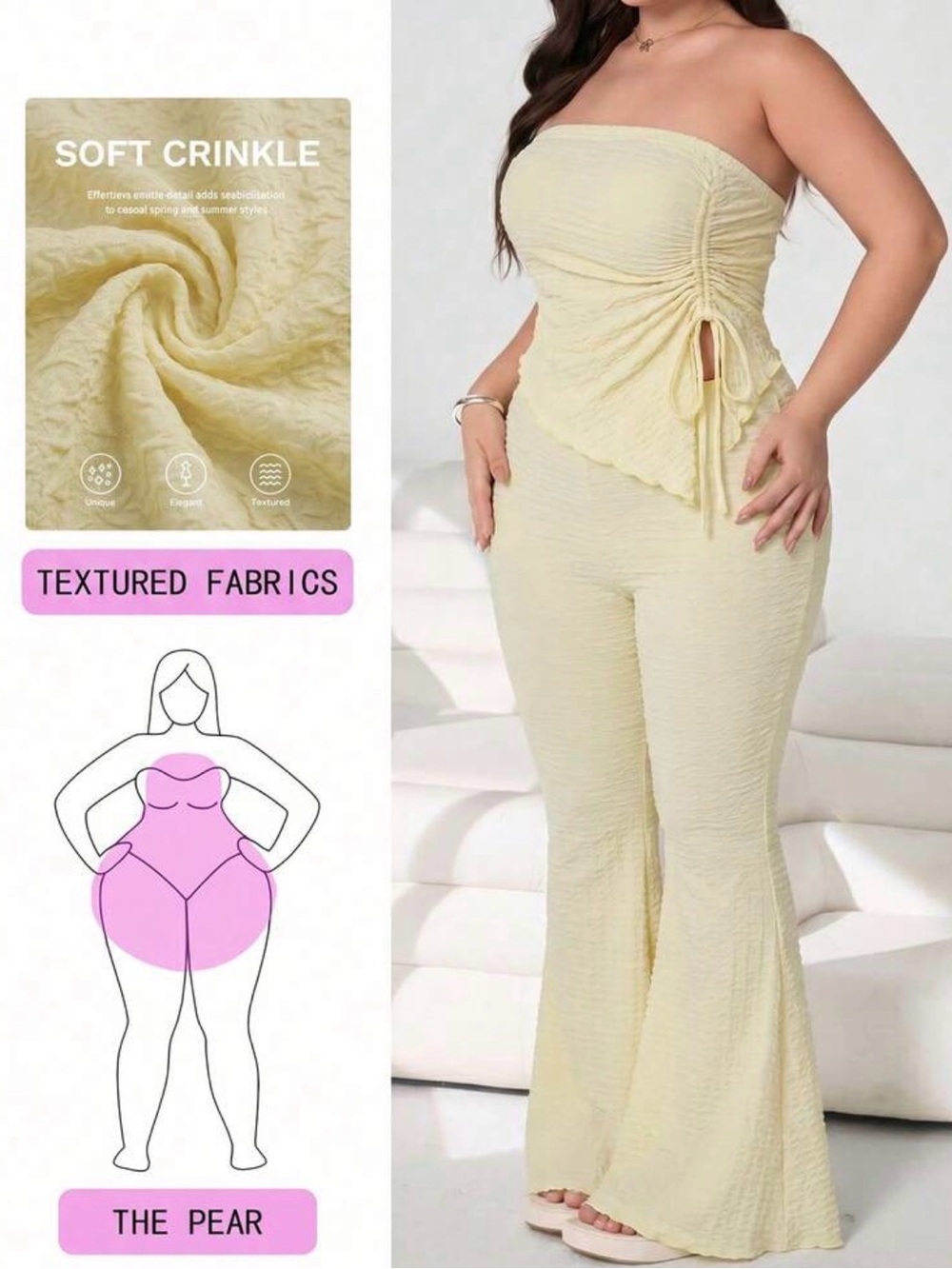 Strapless Soft Crinkle Textured Two Piece Set in Pale Yellow